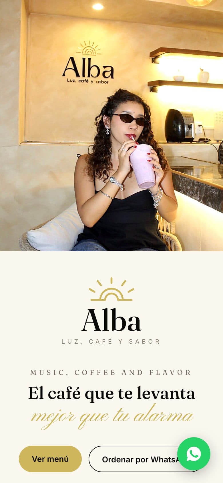 Website de Alba Coffee hecho por APX, visto en celular