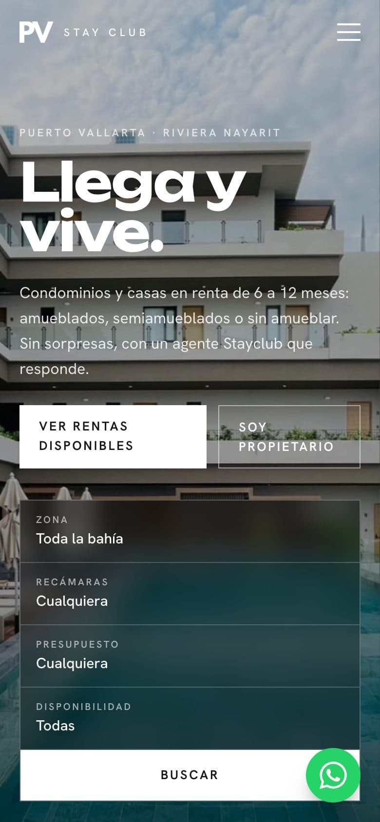 Website de PV Stay Club hecho por APX, visto en celular