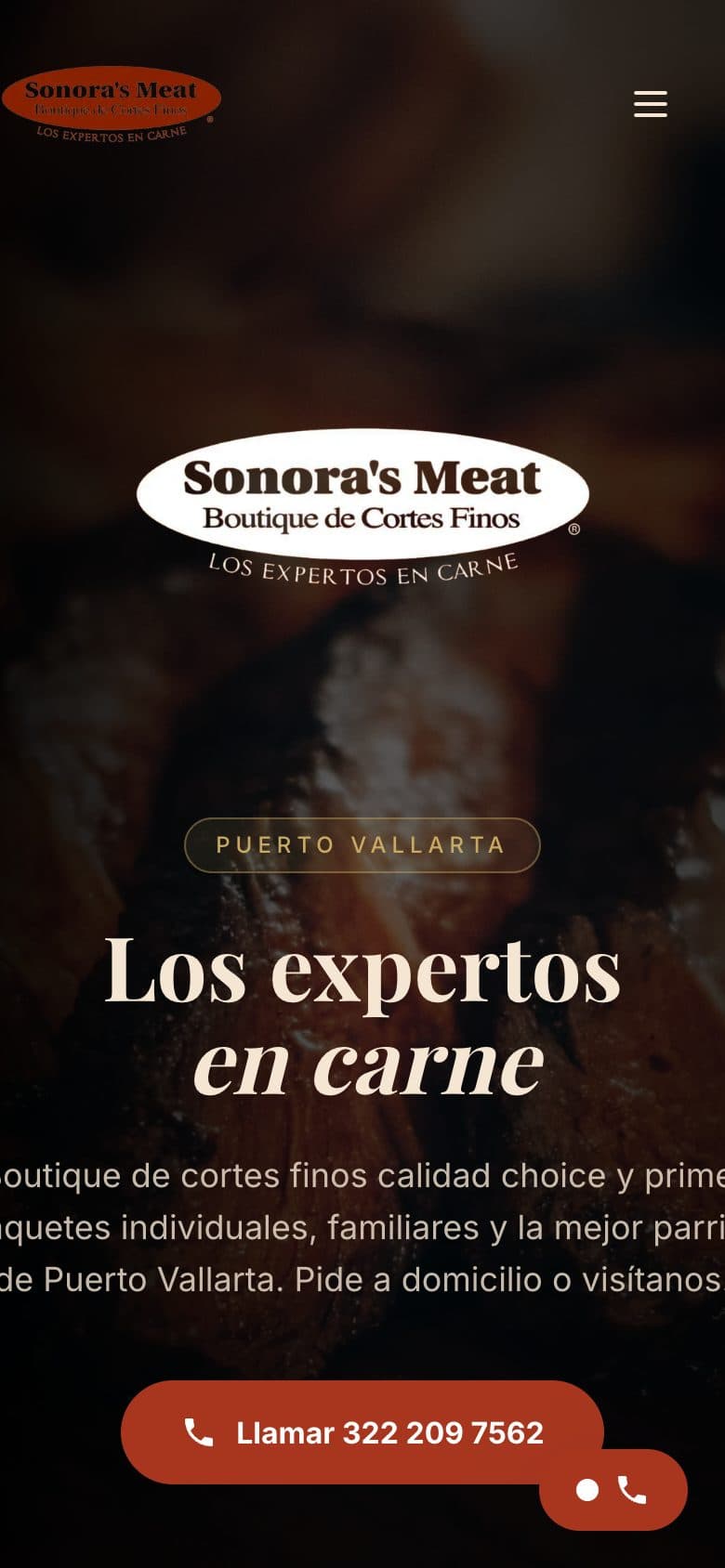 Website de Sonora's Meat hecho por APX, visto en celular